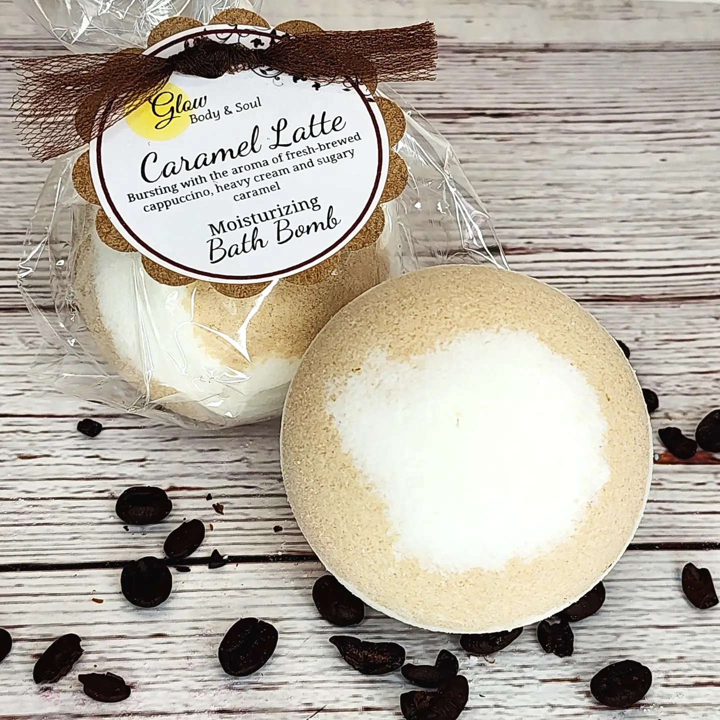 Glow Body & Soul Caramel Latte cream and tan moisturizing bath bomb with fresh-brewed cappuccino and caramel aroma
