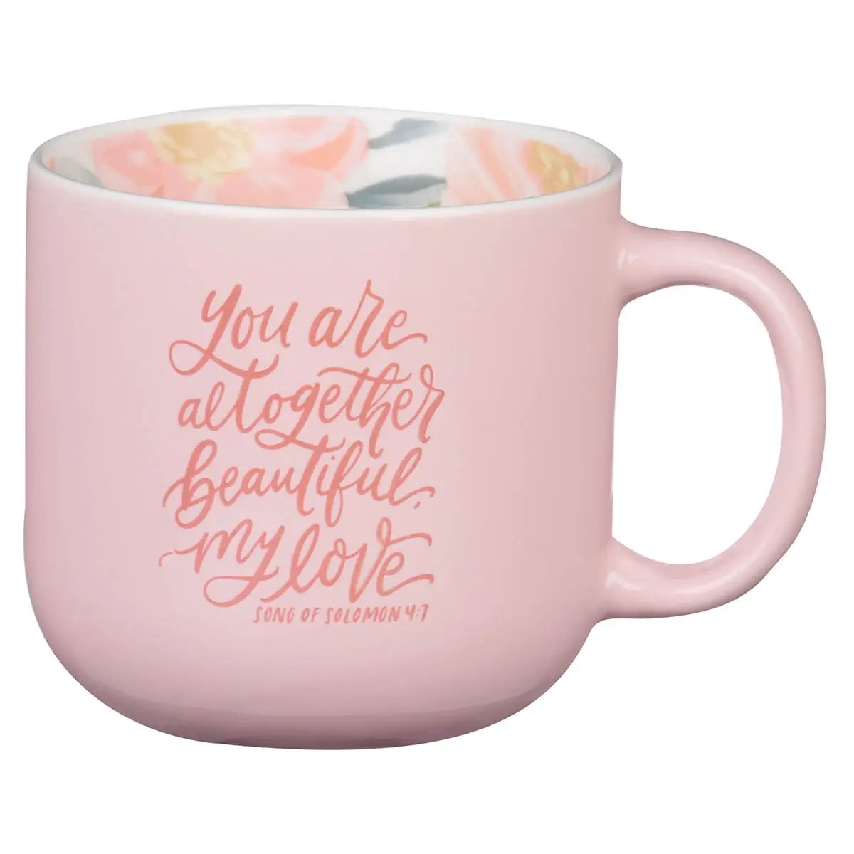 Pink Song of Solomon You Are Altogether Beautiful mug with floral interior