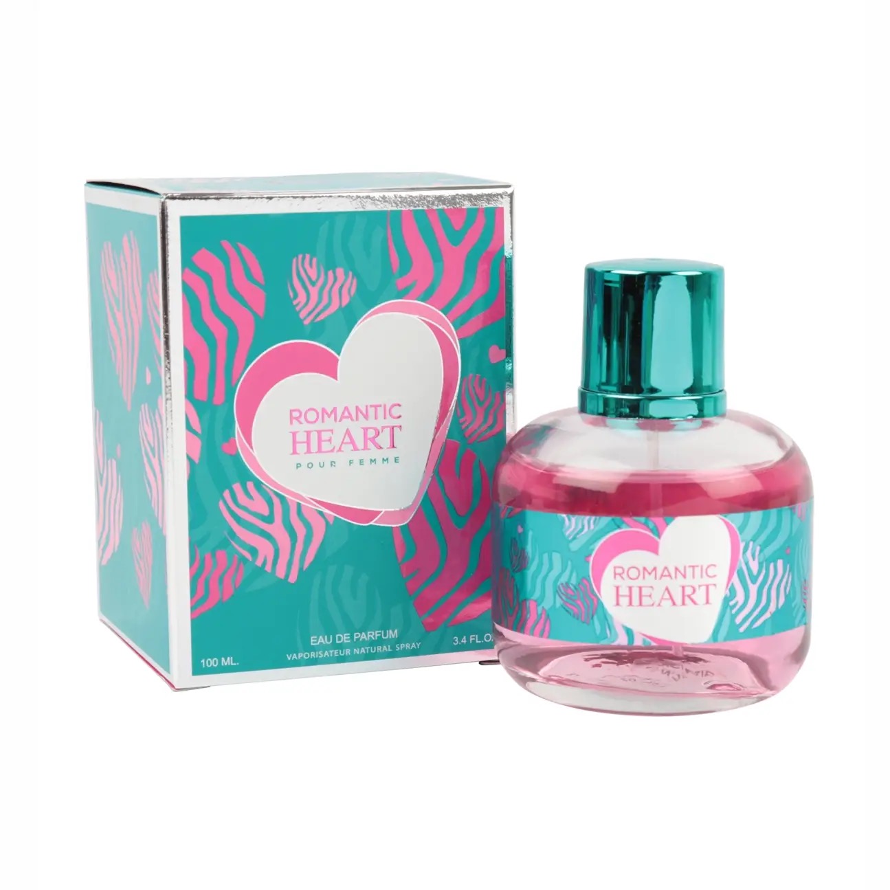 Romantic Heart pour femme eau de parfum with teal and pink heart design bottle and box