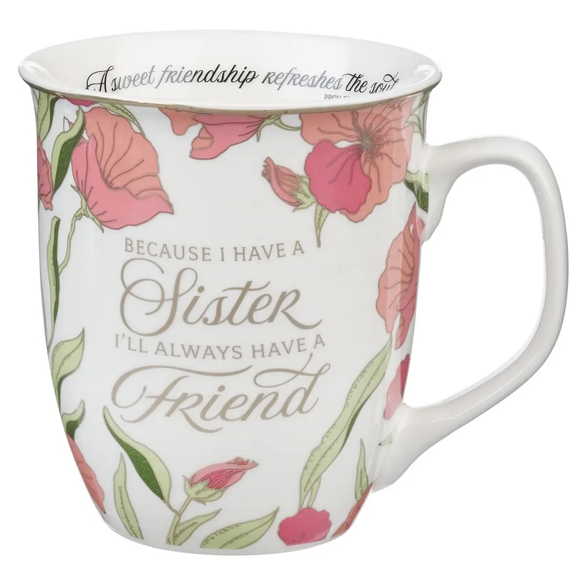 Floral Sister Friend porcelain mug with pink flowers and scripture