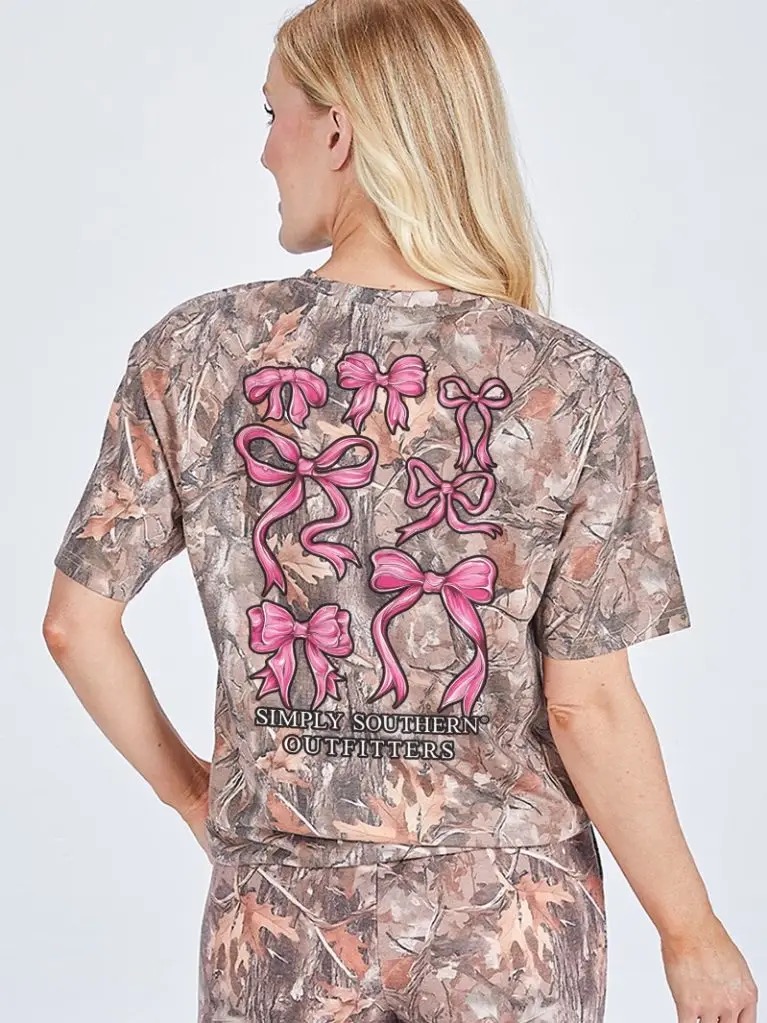 Simply Southern camo-print T-shirt with pink bow graphics