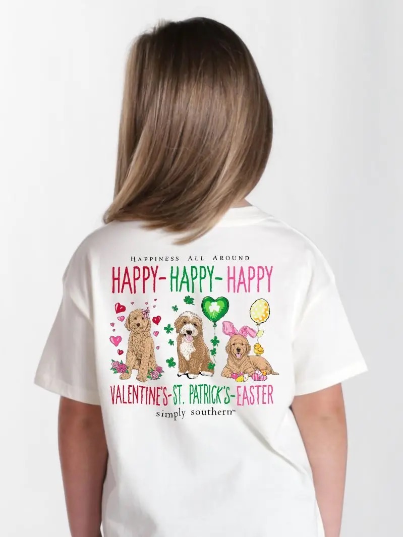 Child wearing a white Simply Southern T-shirt with holiday design
