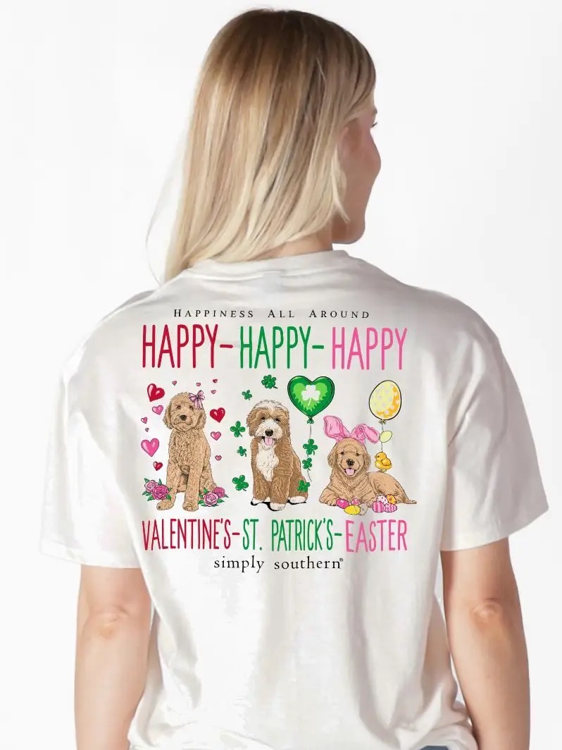 Simply Southern white T-shirt with puppies and holiday design