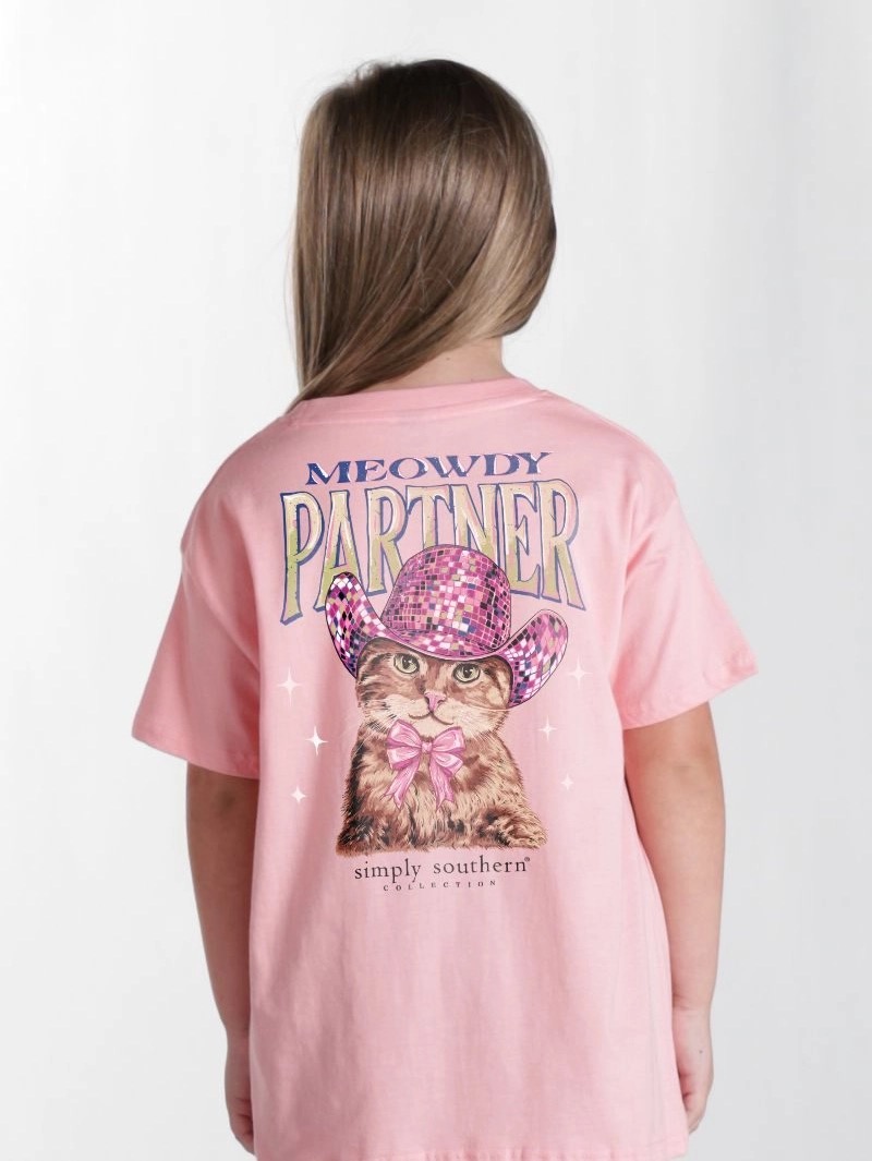 Child wearing a pink Simply Southern T-shirt with kitten in cowboy hat