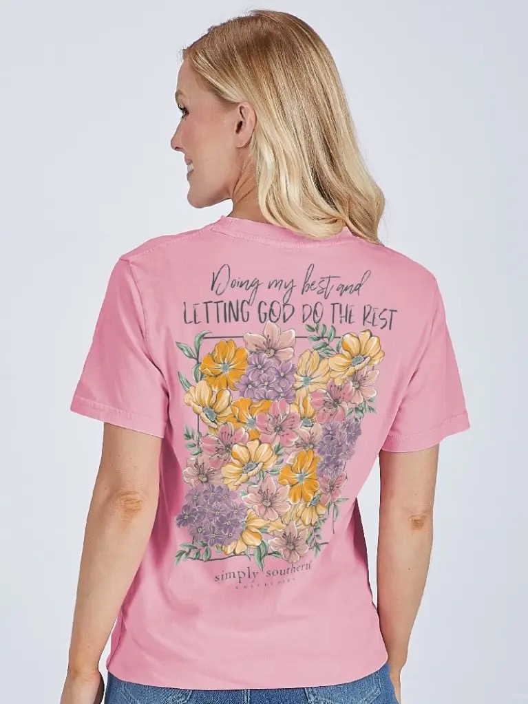 Simply Southern pink T-shirt with floral bouquet and inspirational text
