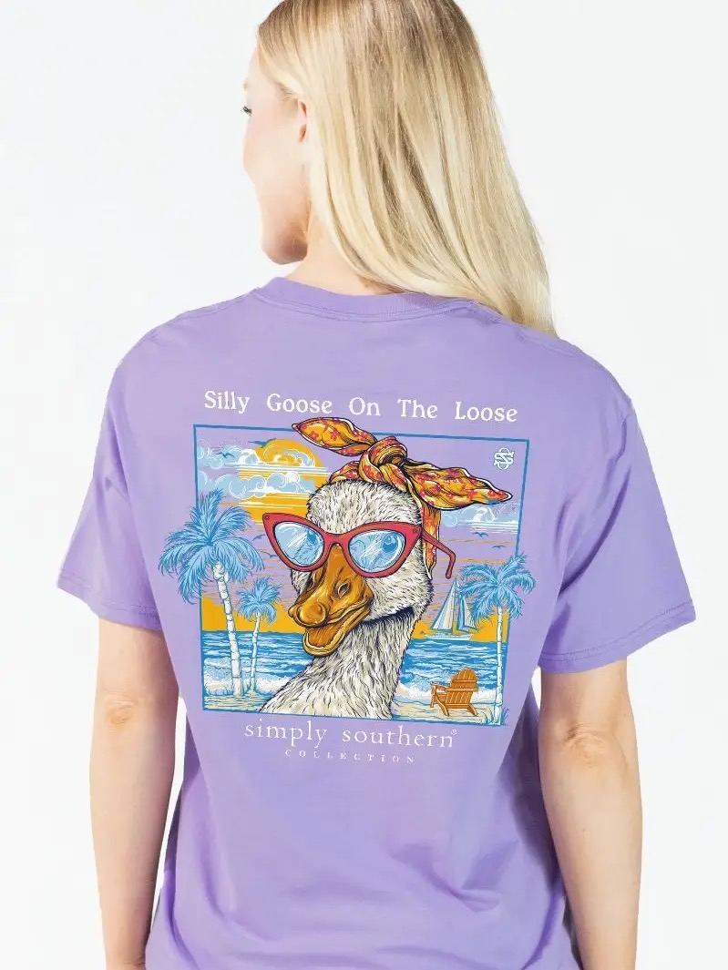 Simply Southern lavender T-shirt with goose wearing sunglasses
