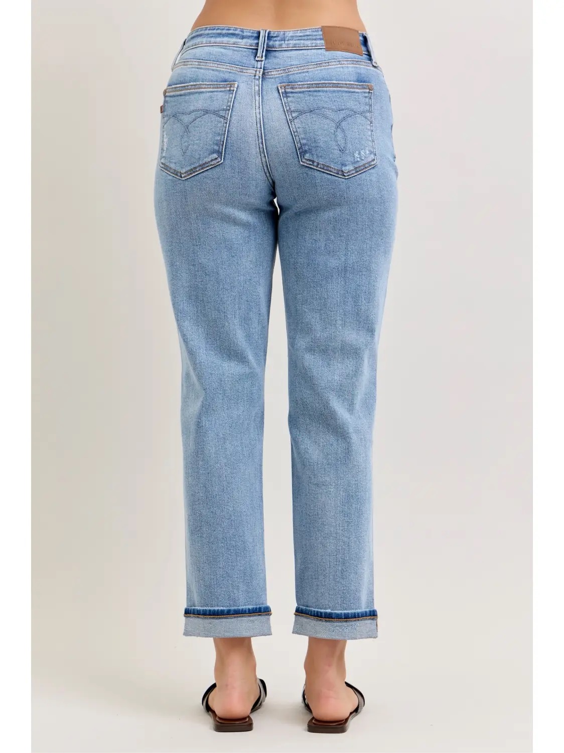 Judy Blue light-wash boyfriend jeans back view showing signature pocket stitching