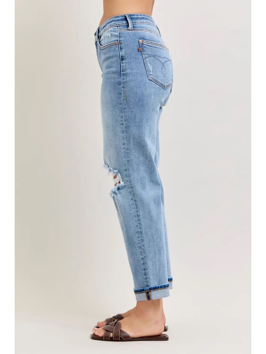 Judy Blue light-wash boyfriend jeans with knee distressing side view