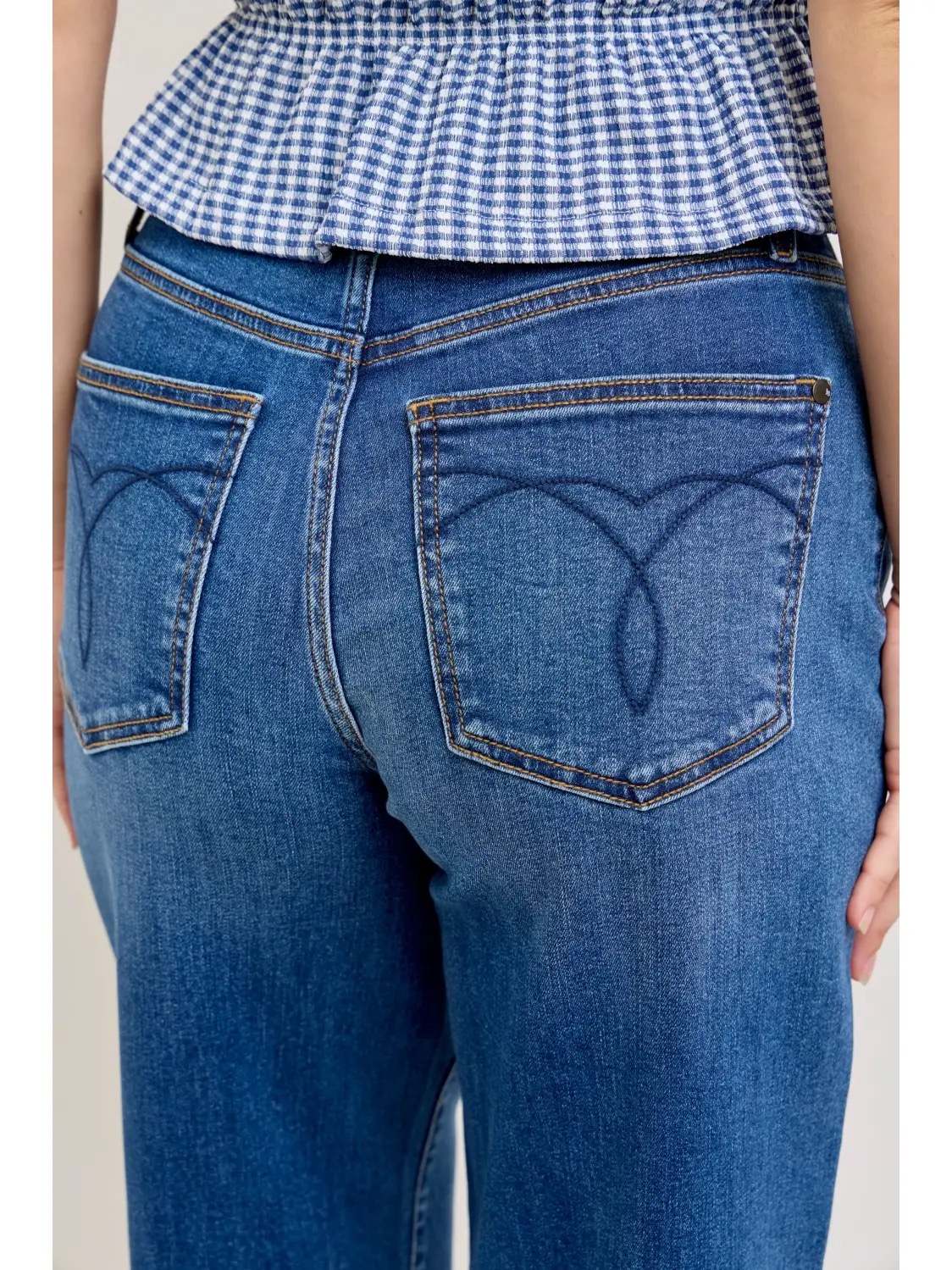 Judy Blue medium-wash wide-leg jeans back pocket detail with signature heart stitching